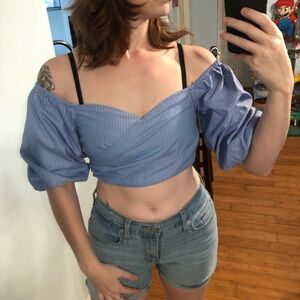 Thread story blue pinstripe off the shoulder crop top Size S